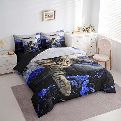 Erosebridal Marble Kids Bedding Set Cartoon Cat Cute Marbling Comforter Sets with Sheets for Boys Girls Kids Modern Blue Liquid Quicksand Bed Set Watercolor Artwork Bed in A Bag Twin