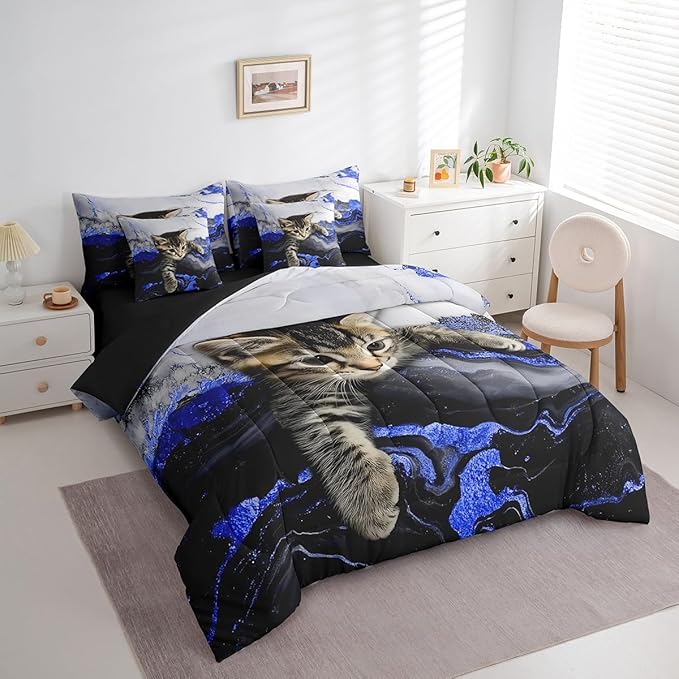 Erosebridal Marble Kids Bedding Set Cartoon Cat Cute Marbling Comforter Sets with Sheets for Boys Girls Kids Modern Blue Liquid Quicksand Bed Set Watercolor Artwork Bed in A Bag Full