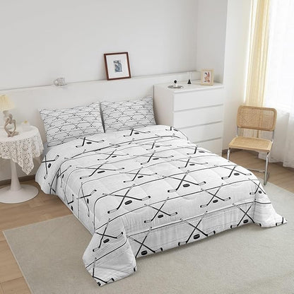 Manfei Hockey Comforter Set Full Size, Sports Gaming Theme Bedding Set for Kids Boys Girls Room Decor, Grey Wooden Plank Down Comforter, Soft Polyester Quilt Set,2 Pillowcases