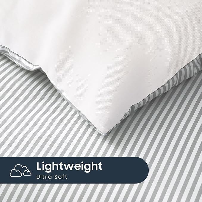 Wake In Cloud - Striped Comforter Set with Sheets, Ticking Stripe Vertical Pinstripe Neutral Farmhouse Pattern Printed, 7 Pieces Bed in a Bag, Gray White, Full Size