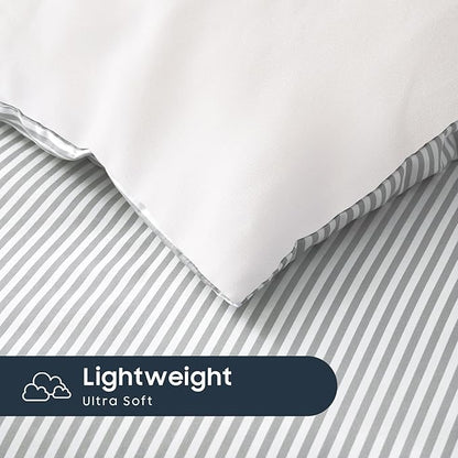 Wake In Cloud - Striped Comforter Set with Sheets, Ticking Stripe Vertical Pinstripe Neutral Farmhouse Pattern Printed, 7 Pieces Bed in a Bag, Gray White, Full Size