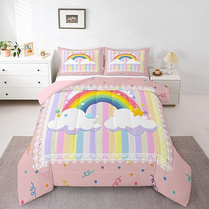 Pretty Rainbow Kids Twin Size Comforter Set,Colorful Dots Stripes Kawaii Sketch Reversible Bedding Sets for Teens Bedroom Decor,Cute Stars Lace Print Plaid Quilted Duvet,1 Pillowcase