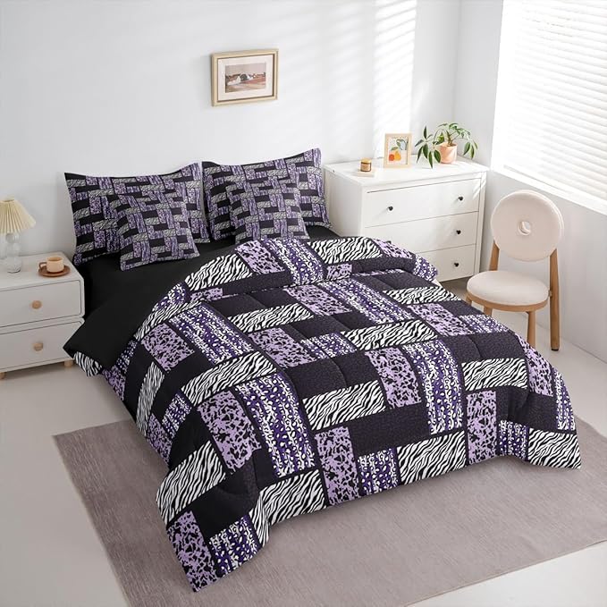 Wildlife Fur Splicing Print Bed Sets in a Bag 7 Pieces,Black Grey Kids Comforter Set Twin,Wild Animal Skin Leopard Bedding Set with 1 Comforter,2 Sheets,2 Pillowcases & 2 Throw Pillow Covers