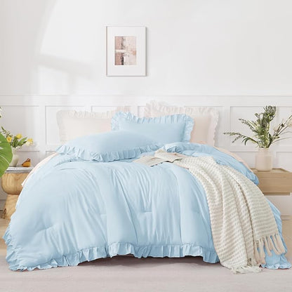 Andency Light Blue Comforters Queen Size, 3 Pieces Solid Shabby Chic Farmhouse Bedding Comforters & Sets, Lightweight Fluffy All Season Soft Down Alternative Bed Set for Women Men