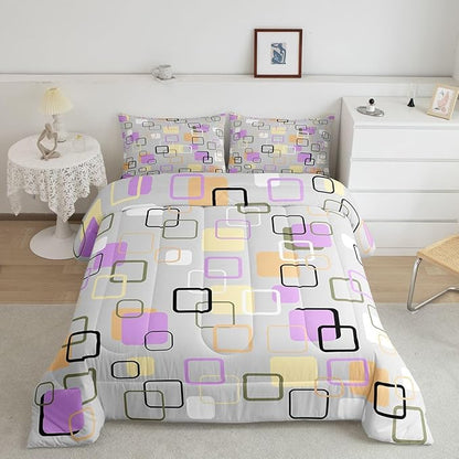 Erosebridal Retro Geometric Square Comforter Set Queen Pastel Purple Grey Plaid Bedding Set Modern Abstract Checkerboard Comforter for Kids Girls Boys Checkered Latticed Quilt Duvet