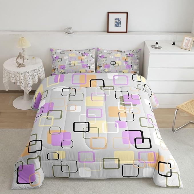 Erosebridal Retro Geometric Square Comforter Set King Pastel Purple Grey Plaid Bedding Set Modern Abstract Checkerboard Comforter for Kids Girls Boys Checkered Latticed Quilt Duvet