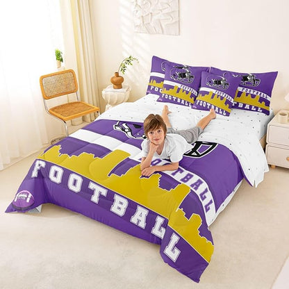 Erosebridal Football 7 Pcs Comforter Set Queen Football City Bedding for Teens Purple Football Fans Sheet Set Bed in A Bag Rugby Game Room Decor Sports Ball Competition Bed Set