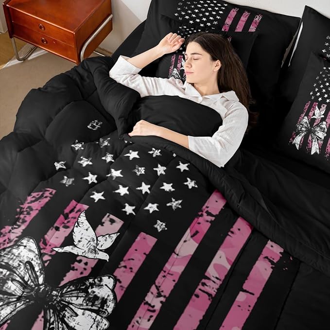 Erosebridal Camo King Comforter Set Bowknot 7-Piece Bed in A Bag Bow Military American Flag Pigeons Birds Sheets and Pillowcases Black White Pink Bed Sets