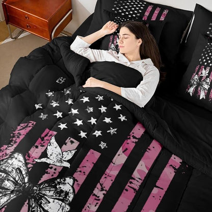 Erosebridal Camo King Comforter Set Bowknot 7-Piece Bed in A Bag Bow Military American Flag Pigeons Birds Sheets and Pillowcases Black White Pink Bed Sets