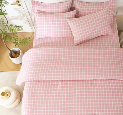 SDY 7PCS Pink Plaid Comforter and Sheet Set Full Size, Super Soft Microfiber Gingam Bed in A Bag Includes 1*Comforter,1* Flat Sheet, 1*Fitted Sheet,2*Pillowcases and 2*PillowcaseShams
