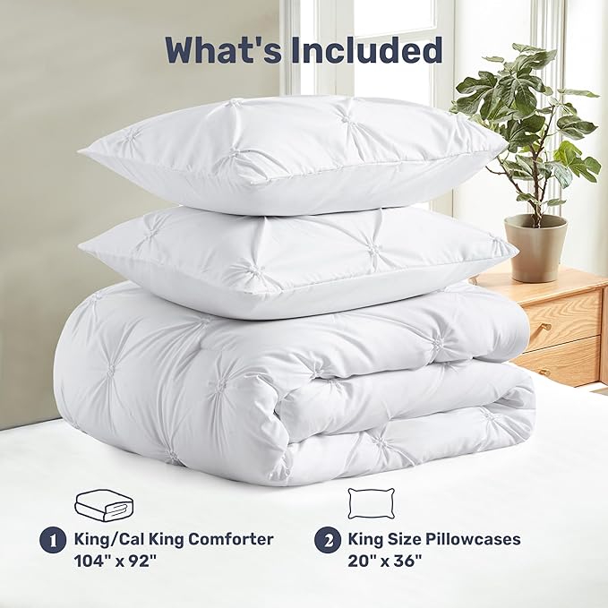 UNIKOME King Size Comforter Set White - Ultra Soft Boho Pintuck Down Alternative Bedding Set for All Seasons, 3 Pieces Lightweight Warm Pinch Pleat Bed Set with Comforter, 2 Pillowcases
