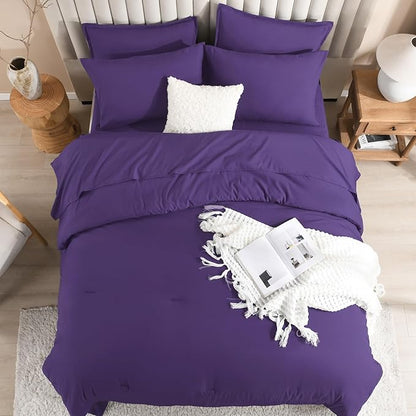 Litanika Comforter California King Size Set Purple - 7 Pieces Bed in a Bag California King Bedding Comforter Sets, Plain Lightweight Bed Set with Comforter, Sheets, Pillowcases & Shams