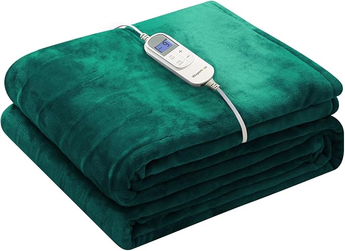 Wapaneus Heated Blanket Electric Blanket 62" x 84" Twin Size with 10 Heating Levels and 12 Hours time Settings, Flannel Fast-Heating Electric Blanket, ETL Listed, Machine Washable, Vintage Green