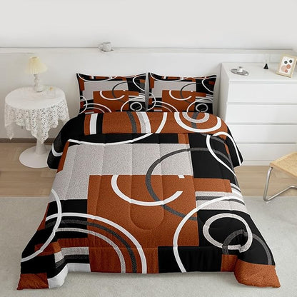 Geometric Swirls Comforter Set Brown Gray Black Duvet Insert Circles Rings Square Bedding Sets Striped Lines Down Comforter Modern Minimalist Quilted Duvet Chic Graphic Artwork Comforter, Twin Size