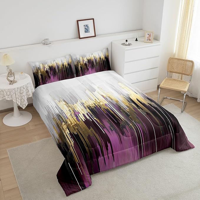 Erosebridal Purple Gradient Bedding King Oil Painting Stripe Comforter Set, Brush Marks Contemporary Ombre Duvet Insert Watercolor Graffiti Down Comforter, Aesthetic Modern Bedding Comforter Sets