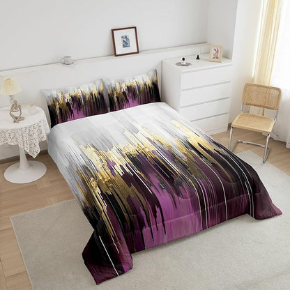 Erosebridal Purple Gradient Bedding King Oil Painting Stripe Comforter Set, Brush Marks Contemporary Ombre Duvet Insert Watercolor Graffiti Down Comforter, Aesthetic Modern Bedding Comforter Sets