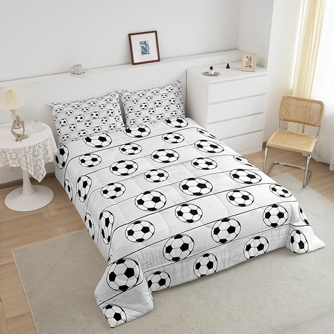 Manfei Soccer Comforter Set King Size, Football Sports Theme Bedding Set for Kids Boys Girls Room Decor, Grey Wooden Plank Down Comforter, Soft Polyester Quilt Set,2 Pillowcases