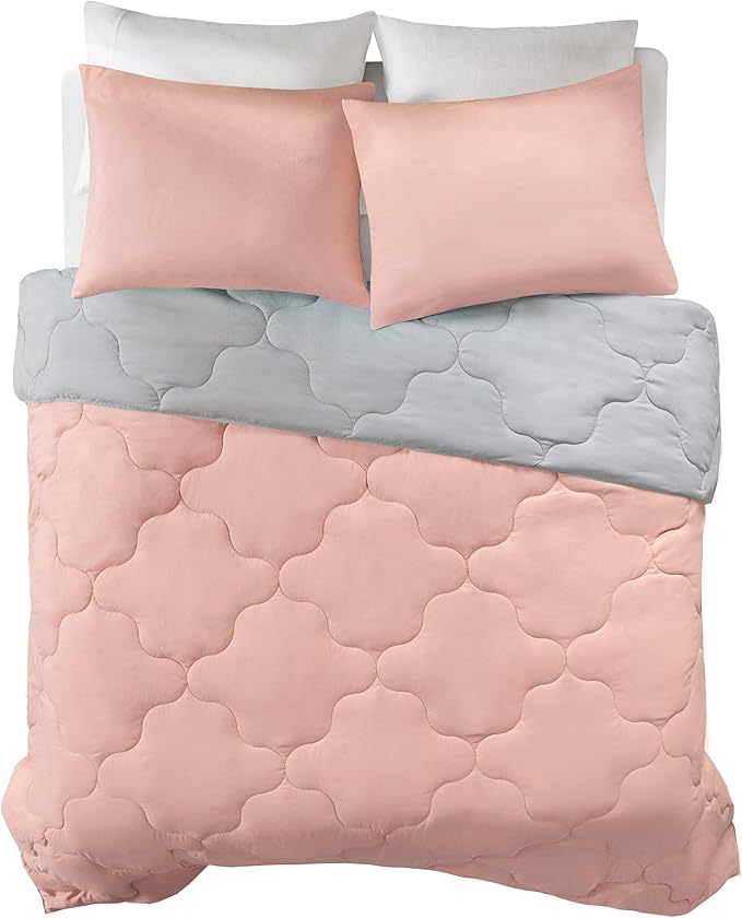 Comfort Spaces Vixie Reversible Comforter Set - Trendy Casual Geometric Quilted Cover, All Season Down Alternative Cozy Bedding, Matching Sham, Coral/Gray, Twin/Twin XL 2 piece