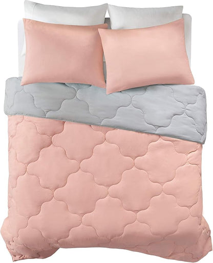 Comfort Spaces Vixie Reversible Comforter Set - Trendy Casual Geometric Quilted Cover, All Season Down Alternative Cozy Bedding, Matching Sham, Coral/Gray, Twin/Twin XL 2 piece