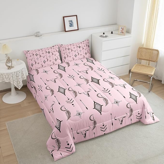 Feelyou Pink Western Bull Skull Comforter Set Ethnic Horns Boho Full Size Bedding Set Tribal Symbol Mysterious Aztec Comforter for Man Women