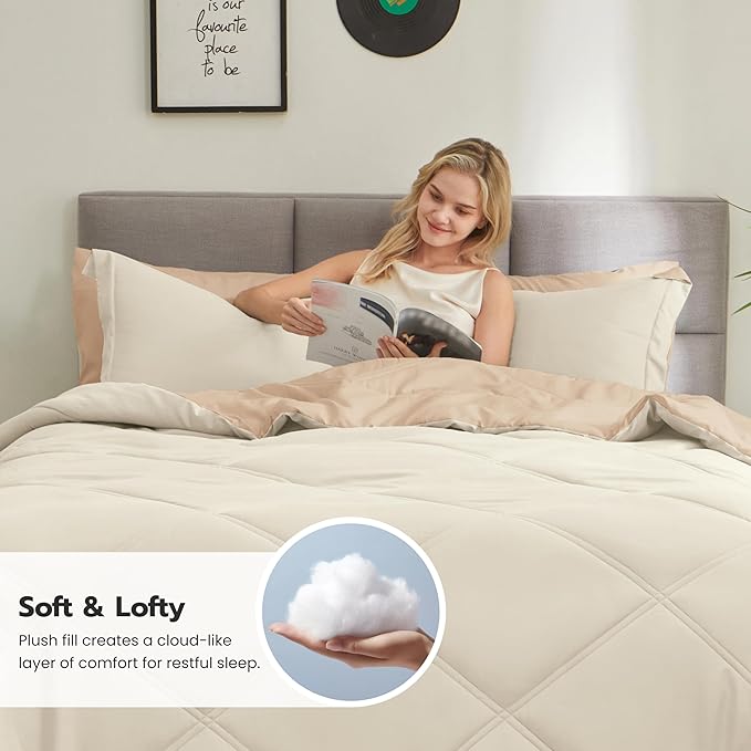 JOIEDOMI King Size Comforter Set with Sheets Beige, 7 Pieces King Bedding Set with 1 Down Alternative Comforter, 1 Flat Sheet, 1 Fitted Sheet, 2 Pillowcases and 2 Pillow Shams Bed in a Bag All Seasons