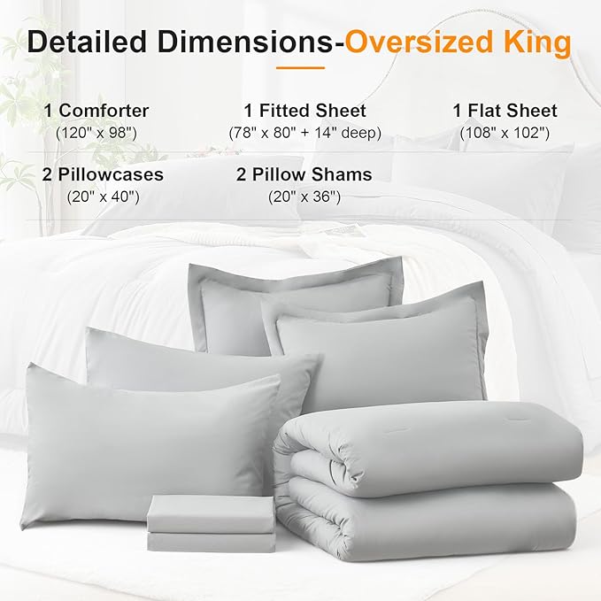 Oversized King Size Comforter Set 7 Pieces - Soft Bed in a Bag King Bed Set, Cozy Luxury Bedding Sets with All Season Comforter, Flat Sheet, Fitted Sheet, 2 Pillowcases & 2 Shams, Light Gray