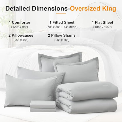 Oversized King Size Comforter Set 7 Pieces - Soft Bed in a Bag King Bed Set, Cozy Luxury Bedding Sets with All Season Comforter, Flat Sheet, Fitted Sheet, 2 Pillowcases & 2 Shams, Light Gray