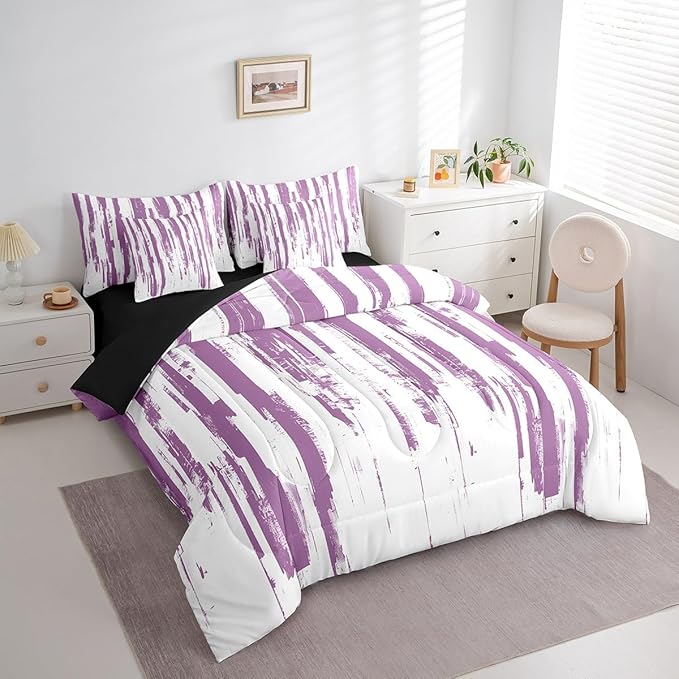 Erosebridal 7Pcs Violet Purple Comforter Set Twin,Lavender Abstract Art Aesthetic Striped Bed in A Bag for Teens Adults,Ink Painting Graffiti Watercolor Quilt,Vintage Gradient Ombre Modern Bedding