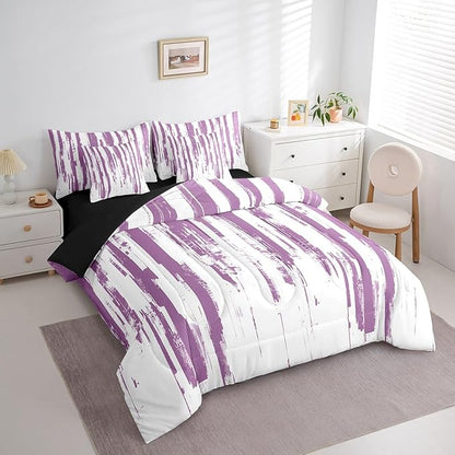 Erosebridal 7Pcs Violet Purple Comforter Set King,Lavender Abstract Art Aesthetic Striped Bed in A Bag for Teens Adults,Ink Painting Graffiti Watercolor Quilt,Vintage Gradient Ombre Modern Bedding