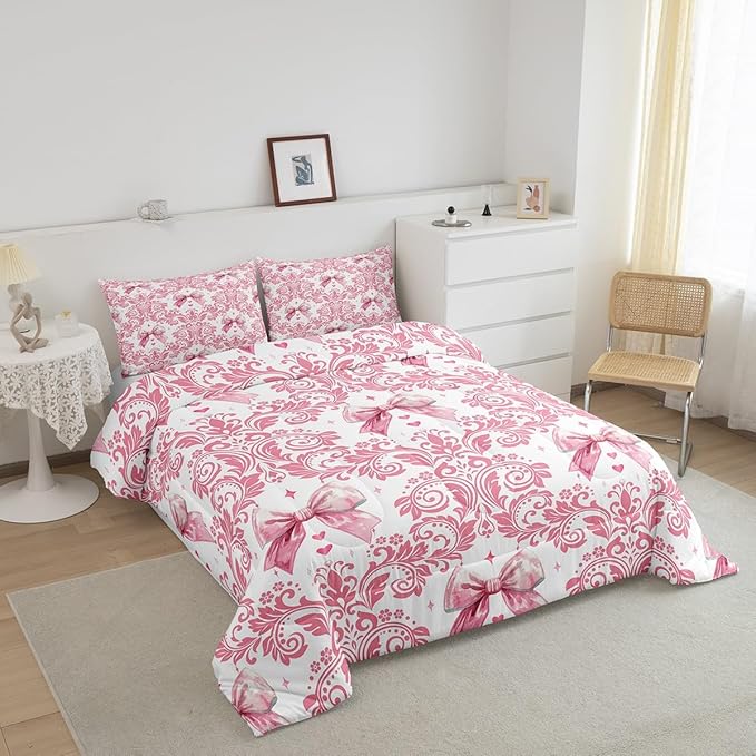 Feelyou Girls Pink Bowknot Comforter Set Full Size Goth Damask Comforter Victorian-Themed Bedding Set Baroque Duvet Set Vintage Floral Quilt Set 3Pcs