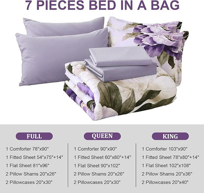 Dobuyly Purple Comforter Set Full Size 7 Piece Bed in a Bag Full, Purple Floral Printed on Light Purple Comforter Set with Sheets, Soft Microfiber Botanical Complete Bedding Set for All Season