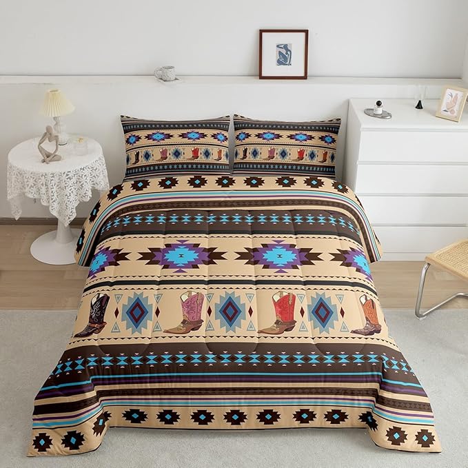 Feelyou Brown Western Bedding Set Southwestern Comforter Set Room Decor Cowboy Shoes Wild Western Geometric Tribal Comforter Twin Size Rodeo Cowboy Style Duvet Set 2Pcs