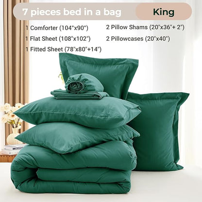 MUXHOMO 7 Pieces King Comforter Set, Soft Bed in a Bag King Size, All Season Bedding Set with Comforter, Flat Sheet, Fitted Sheet, Pillowcases & Shams, Emerald Green