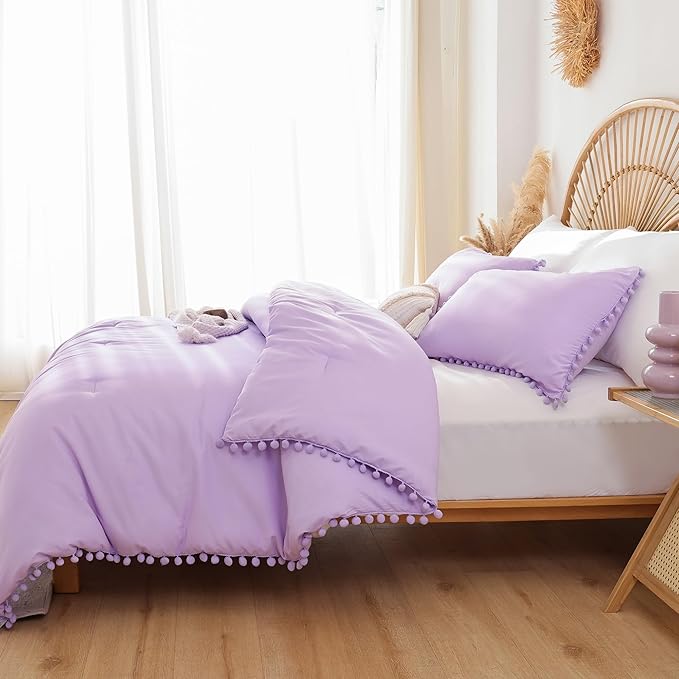 YIRDDEO Queen Comforter Set - Comforter Queen Size Sets with Ball Pom Fringe, Soft Bedding Set for All Seasons - 3 Pieces, 1 Comforter (90"x90") & 2 Pillow Shams (20"x30"), Lavender Purple