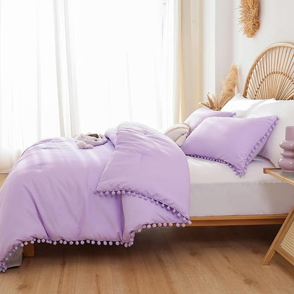 YIRDDEO Queen Comforter Set - Comforter Queen Size Sets with Ball Pom Fringe, Soft Bedding Set for All Seasons - 3 Pieces, 1 Comforter (90"x90") & 2 Pillow Shams (20"x30"), Lavender Purple