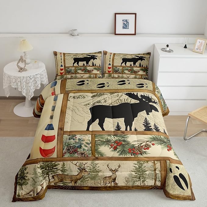 Retro Cabin Lodge Decor Comforter Set Twin, Rustic Farmhouse Moose Bedding Comforter Sets, Lake House Decor Paddle Bedding, Woodland Pine Tree Down Comforter, Buffalo Plaid Quilt with 1 Pillowcase