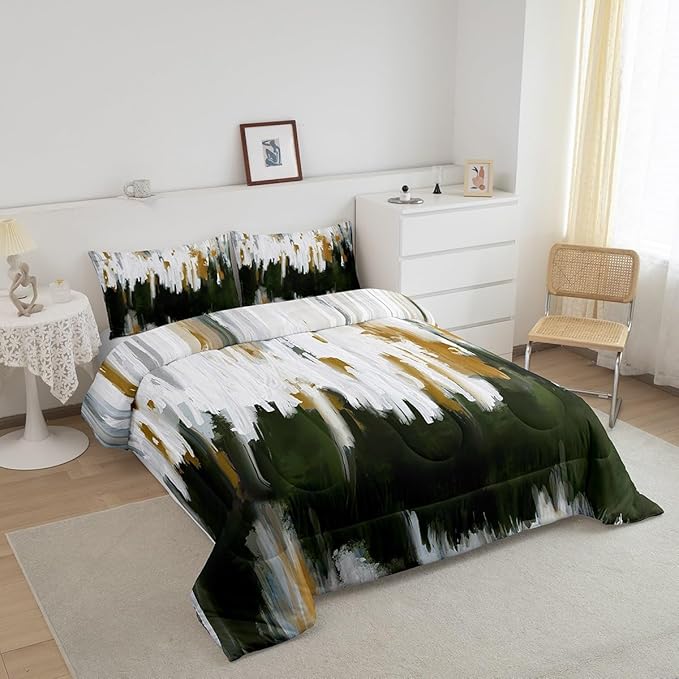 Ombre Watercolor Comforter Set Full Olive Green Bedding Set Brush Strokes Stripe Bedding Comforter Sets Contemporary Aesthetic Duvet Set Modern Graffiti Oil Painting Quilted Comforter Microfiber 3pcs