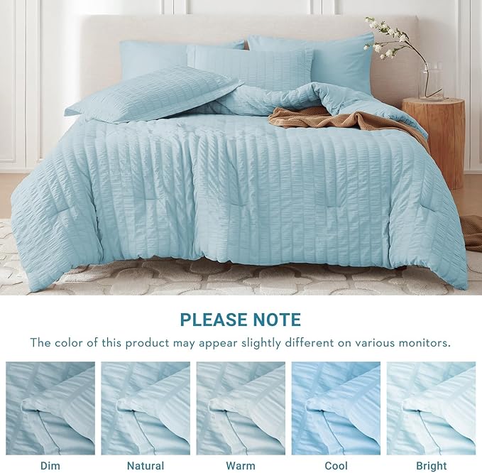 MUXHOMO 7 Pieces King Comforter Set, Seersucker Bed in a Bag King Size, All Season Luxury Bedding Set with Comforter, Flat Sheet, Fitted Sheet, Pillowcases & Shams, Lake Blue