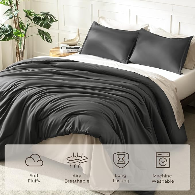 Litanika Oversized King Comforters Dark Grey Super King Size, 3 Pieces Lightweight Solid Bedding Comforter Set, All Season Fluffy Bed Set (120x120In Comforter & 2 Pillowcases)