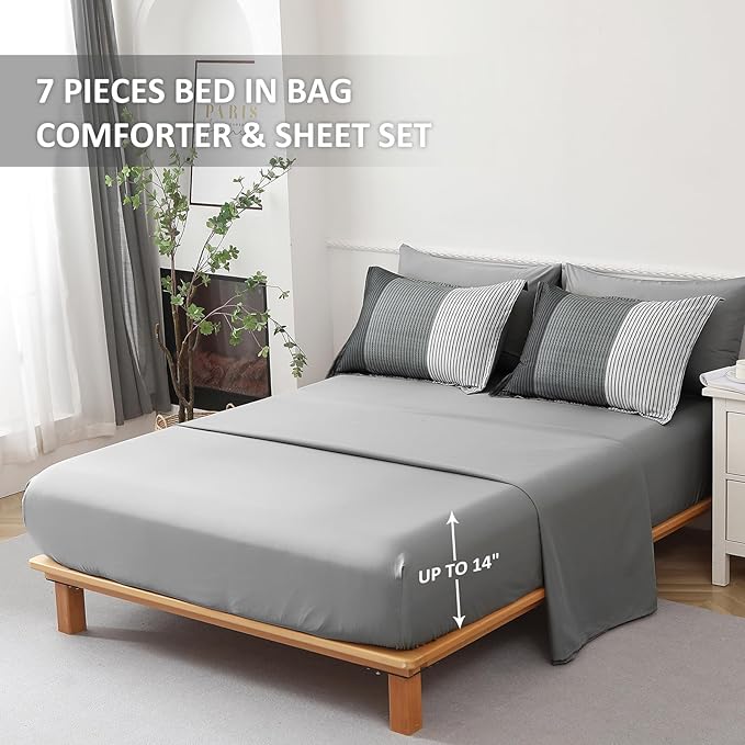Anibedding Grey Comforter Set Full Size 7 Pieces, Ombre Striped Bed in a Bag with Sheet Sheet, Boho Patchwork Down Alternative Comforter Bedding Set for All Season （78''x90''