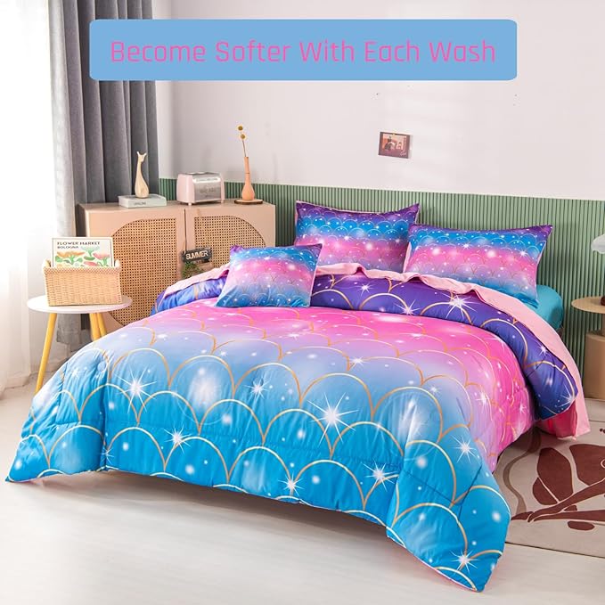 PERFEMET Pink Mermaid Girls Comforter Set Twin Size 6 Pieces Teen Girl Bed in A Bag with Sheets 3D Glitter Rainbow Kids Bedding Sets for Kids Teens (Mermaid Scale, Twin)