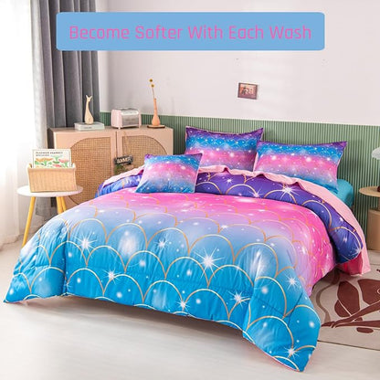 PERFEMET Blue Pink Mermaid Tail Girls Bedding Set, 6 Pcs Colorful Rainbow Queen Size Comforter Set with Sheets, Sparkle Glitter Tie Dye Teen Girl Bed in A Bag Kids Bed Sets