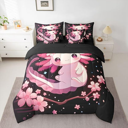 Erosebridal Cartoon Axolotl 7 Piece Comforter Set Full | Wildlife Cherry Blossom Japanese Bed in A Bag Underwater World Pink Salamander Sheet Set Ocean Animal Fitted Sheet Breathable Lightweight