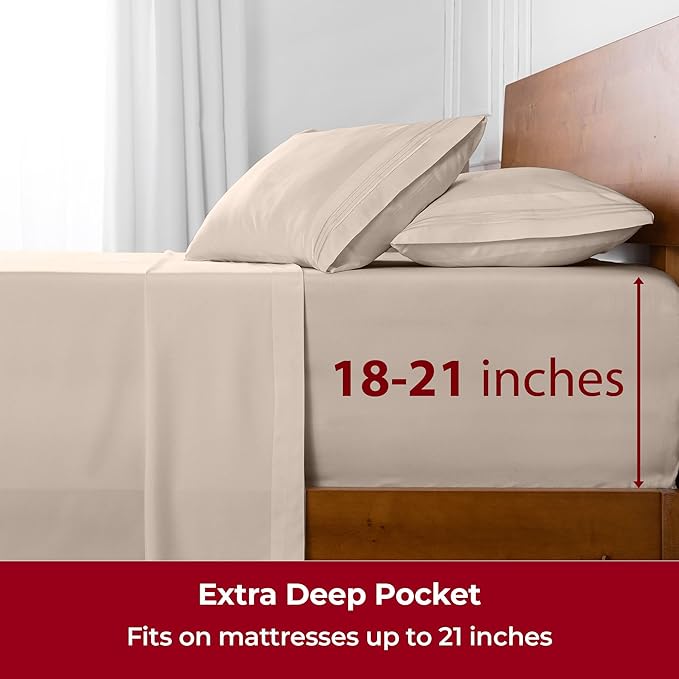Mellanni Extra Deep Queen Sheets - 4 PC Iconic Collection Bedding - Hotel Luxury, Ultra Soft, Cooling Bed Sheets - Wrinkle, Fade, Stain Resistant (Queen, Beige)