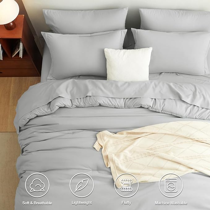 CozyLux Full Size Comforter Set Light Grey, 7 Pieces Bed in a Bag Full Comforter Set with Sheets, Bedding Set with Down Alternative Comforter, Fitted Sheet, Flat Sheet, Pillow Shams and Pillowcases
