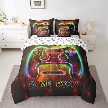 jejeloiu Cool Gamer 7 Piece Bedding Set King Size for Boys 3D Gaming Comforter Set with Sheets Kids Teens Bright Red Bed in a Bag Modern Game Console Bed Set
