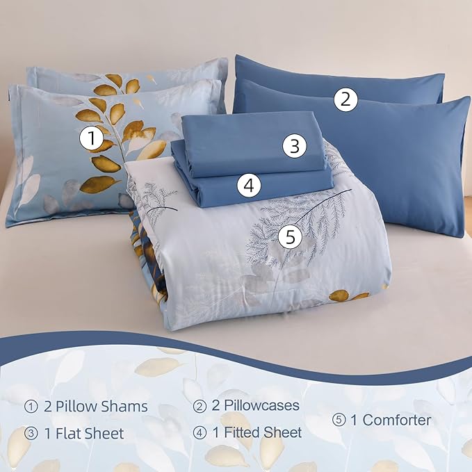 Anibedding Botanical Queen Comforter Set, 7 Piece Blue Gold Gradient Leaves Ultra Soft Microfiber Down Alternative Bedding Set with Sheets and Pillowcase for All Season