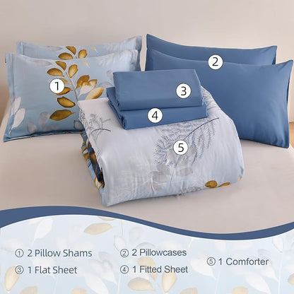 Anibedding Botanical Queen Comforter Set, 7 Piece Blue Gold Gradient Leaves Ultra Soft Microfiber Down Alternative Bedding Set with Sheets and Pillowcase for All Season