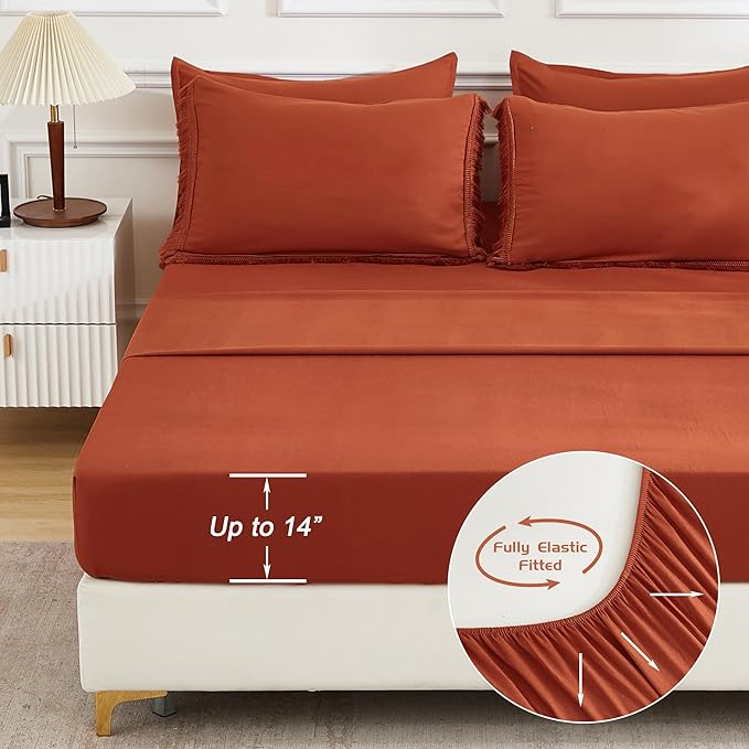 Andency Full Size Comforter Set Burnt Orange -7 Pieces Boho Tassel Bed in a Bag Soft Lightweight Bedding Sets, Terracotta Rust Fringe All Season Bed Set with Comforter, Sheets, Pillowcases & Shams