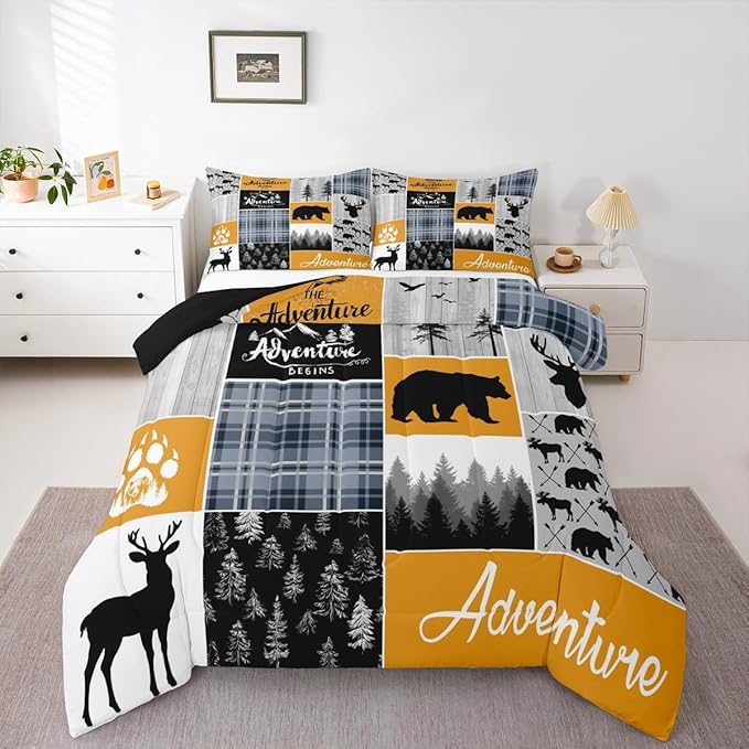 Deer Bear Queen Bedding Sets, Blue And Grey Buffalo Plaid Comforter Set Woodland Animal Wildlife Quilt Hunting Lodge Country Down Comforter Rustic Farmhouse Cabin Bathroom Decor, 2 Pillow Cases